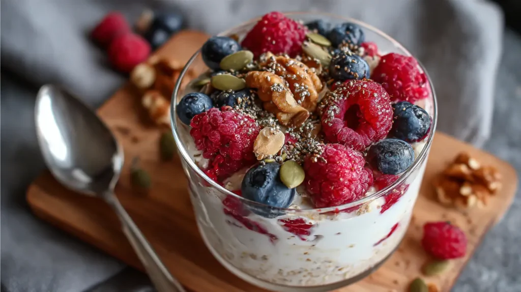 Overnight Oats Recipe Protein 5 Glass jar of overnight oats recipe protein topped with fresh raspberries, blueberries, chia seeds, walnuts, and pumpkin seeds on a wooden board