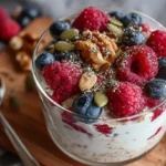 Glass jar of overnight oats recipe protein topped with fresh raspberries, blueberries, chia seeds, walnuts, and pumpkin seeds on a wooden board