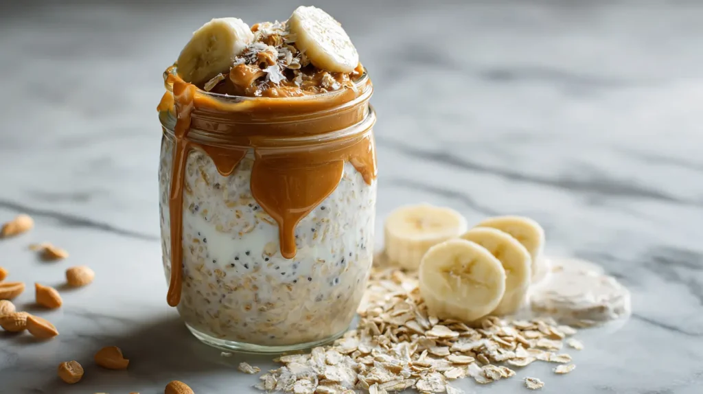 Peanut Butter Overnight Oats Recipe 5 Glass jar filled with creamy peanut butter overnight oats, topped with banana slices, oats, and peanut butter drizzle
