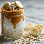 Glass jar filled with creamy peanut butter overnight oats, topped with banana slices, oats, and peanut butter drizzle