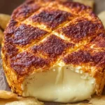 Smoked cream cheese block with a golden crust, scored and served warm with chips on parchment paper