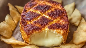 Smoked cream cheese block with a golden crust, scored and served warm with chips on parchment paper