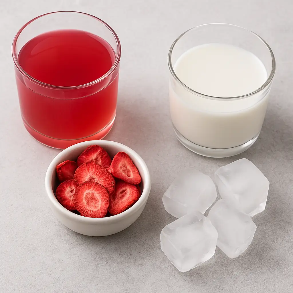 Ingredients in Pink Drink Starbucks – What’s Really Inside This Viral Favorite? 2 Glasses of coconut milk and juice, freeze-dried strawberries, and ice cubes for Starbucks pink drink