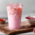 Copycat Starbucks Pink Drink Recipe (Better Than the Original!) Homemade Starbucks Pink Drink in a glass with ice, pink coconut milk, and fresh strawberries on a wooden board