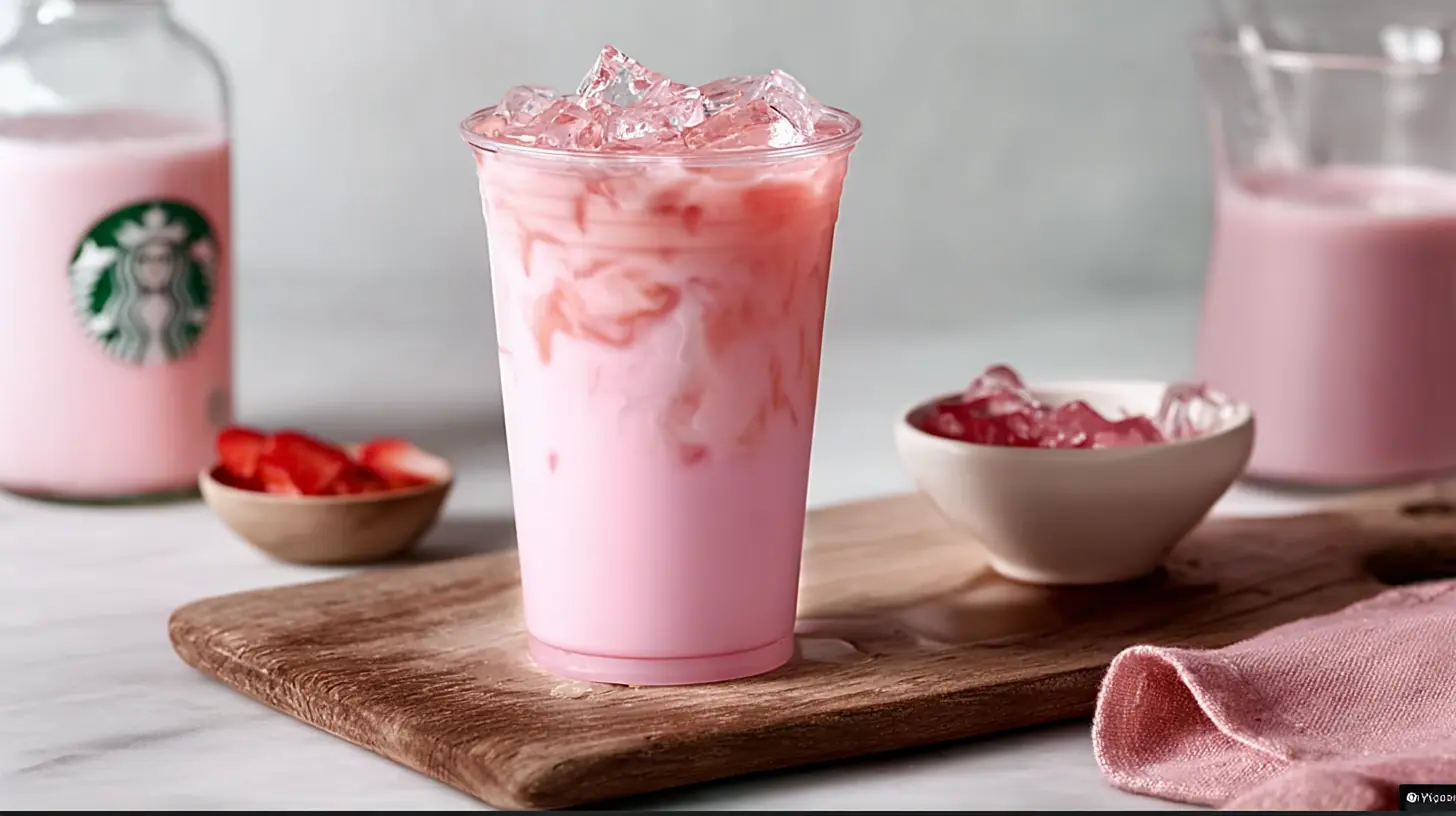 Homemade Starbucks Pink Drink in a glass with ice, pink coconut milk, and fresh strawberries on a wooden board