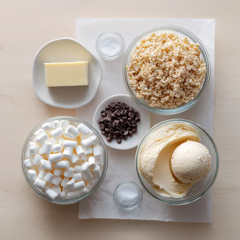 Top-down flat-lay of butter, mini marshmallows, Rice Krispies cereal, vanilla ice cream, salt, and chocolate chips arranged on parchment