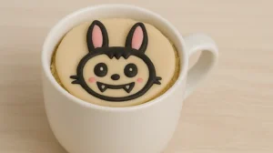 Fluffy Labubu mug cake decorated with chocolate bunny face in a white mug on a wooden surface