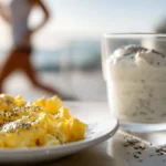 High-protein 30-30-30 diet breakfast with scrambled eggs topped with chia seeds and Greek yogurt, with a person jogging in the background during sunrise.
