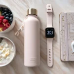 Aesthetic flat lay of a high-protein 30-30-30 diet breakfast with fitness accessories and a morning routine journal.