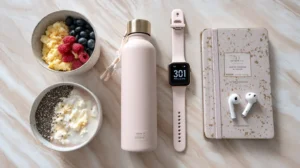 Aesthetic flat lay of a high-protein 30-30-30 diet breakfast with fitness accessories and a morning routine journal.