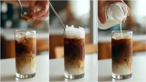 A 3 step collage for making iced mocha with cold foam