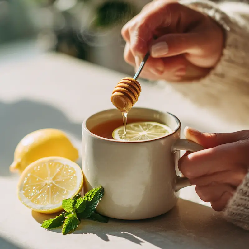 A student hand adding honey and lemon slice