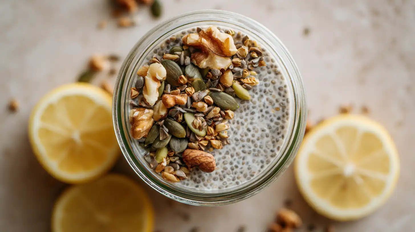Glass jar of bariatric seed ritual pudding with chia, flax, and pumpkin seeds on beige background