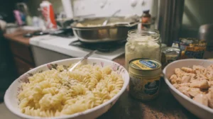 Easy Chicken Alfredo Recipe with Jar Sauce 9 Easy college dinner setup with cooked rotini pasta, Alfredo sauce jar, and canned chicken on a kitchen counter