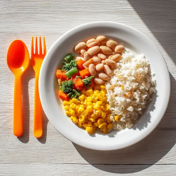 Plate of white rice, beans, corn, and mixed vegetables served with orange utensils – affordable vegetarian student meal
