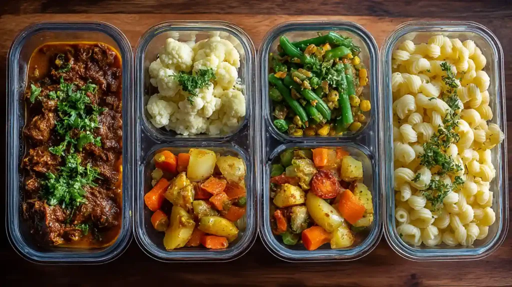 Budget-Friendly Slow Cooker Dinner Recipes 1 Glass meal prep containers filled with a variety of budget-friendly slow cooker dinners, including beef curry, cauliflower, sautéed green beans with corn, pasta, and roasted vegetables.