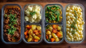 Glass meal prep containers filled with a variety of budget-friendly slow cooker dinners, including beef curry, cauliflower, sautéed green beans with corn, pasta, and roasted vegetables.