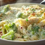 Creamy chicken Alfredo pasta with broccoli in a bowl topped with herbs and red pepper flakes