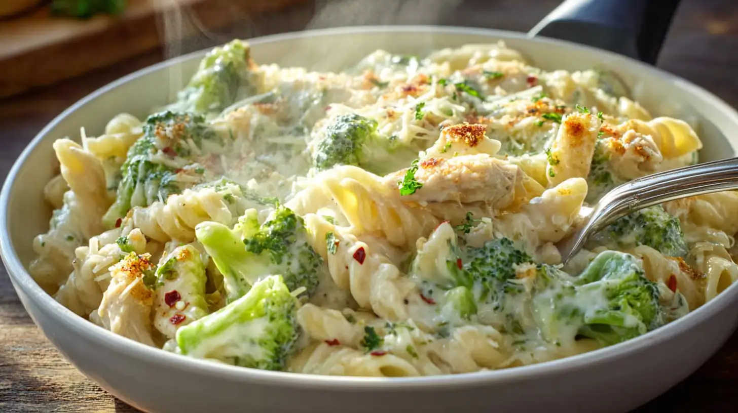 Creamy chicken Alfredo pasta with broccoli in a bowl topped with herbs and red pepper flakes