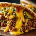 Close-up of a TikTok-style smash burger taco with melted cheddar, ground beef, pickles, and tortilla