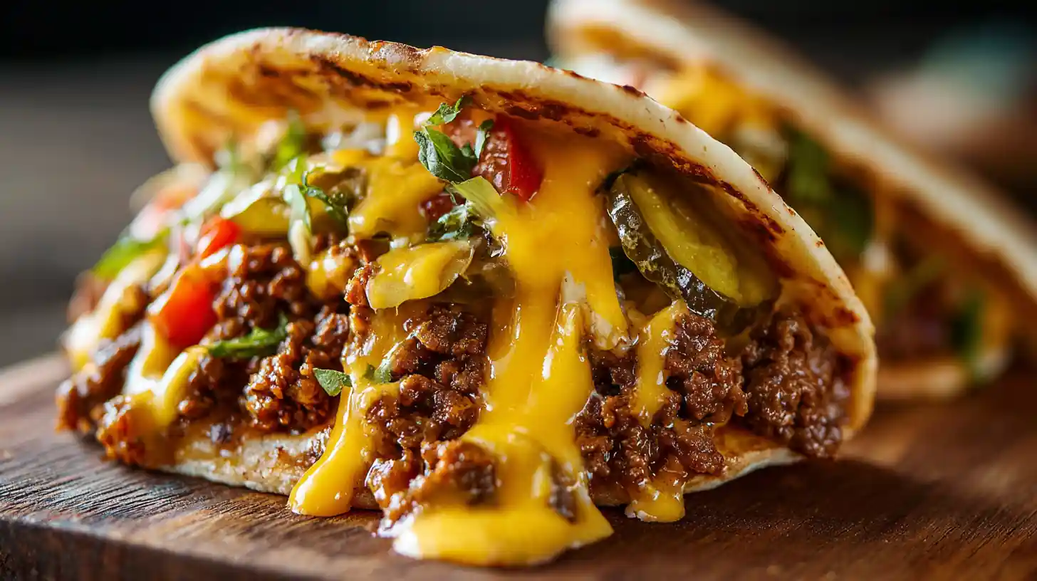 Close-up of a TikTok-style smash burger taco with melted cheddar, ground beef, pickles, and tortilla
