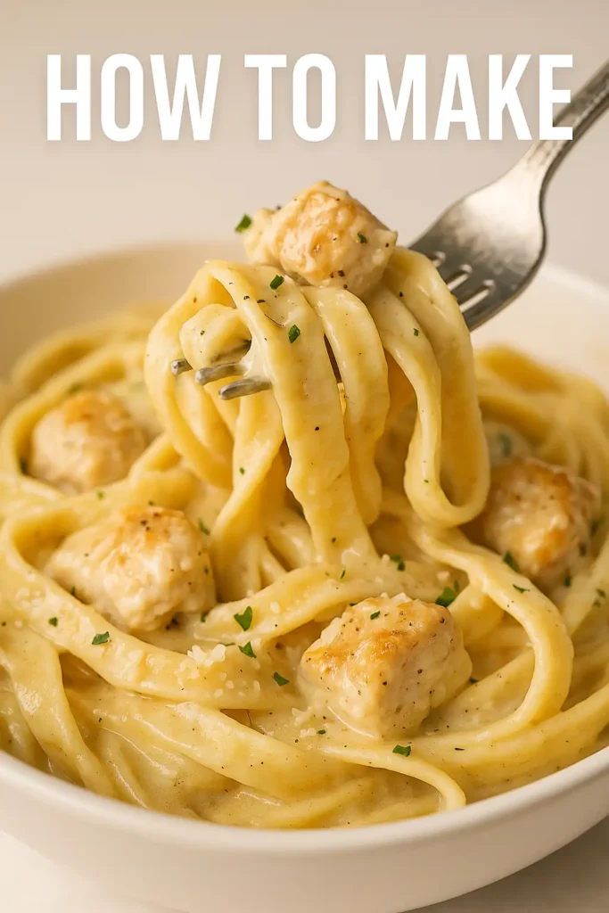 Easy Chicken Alfredo Recipe with Jar Sauce 11 A close-up of creamy fettuccine Alfredo pasta with tender chicken pieces, lifted by a fork, garnished with fresh parsley. The dish is served in a white bowl with the words "HOW TO MAKE" written above.