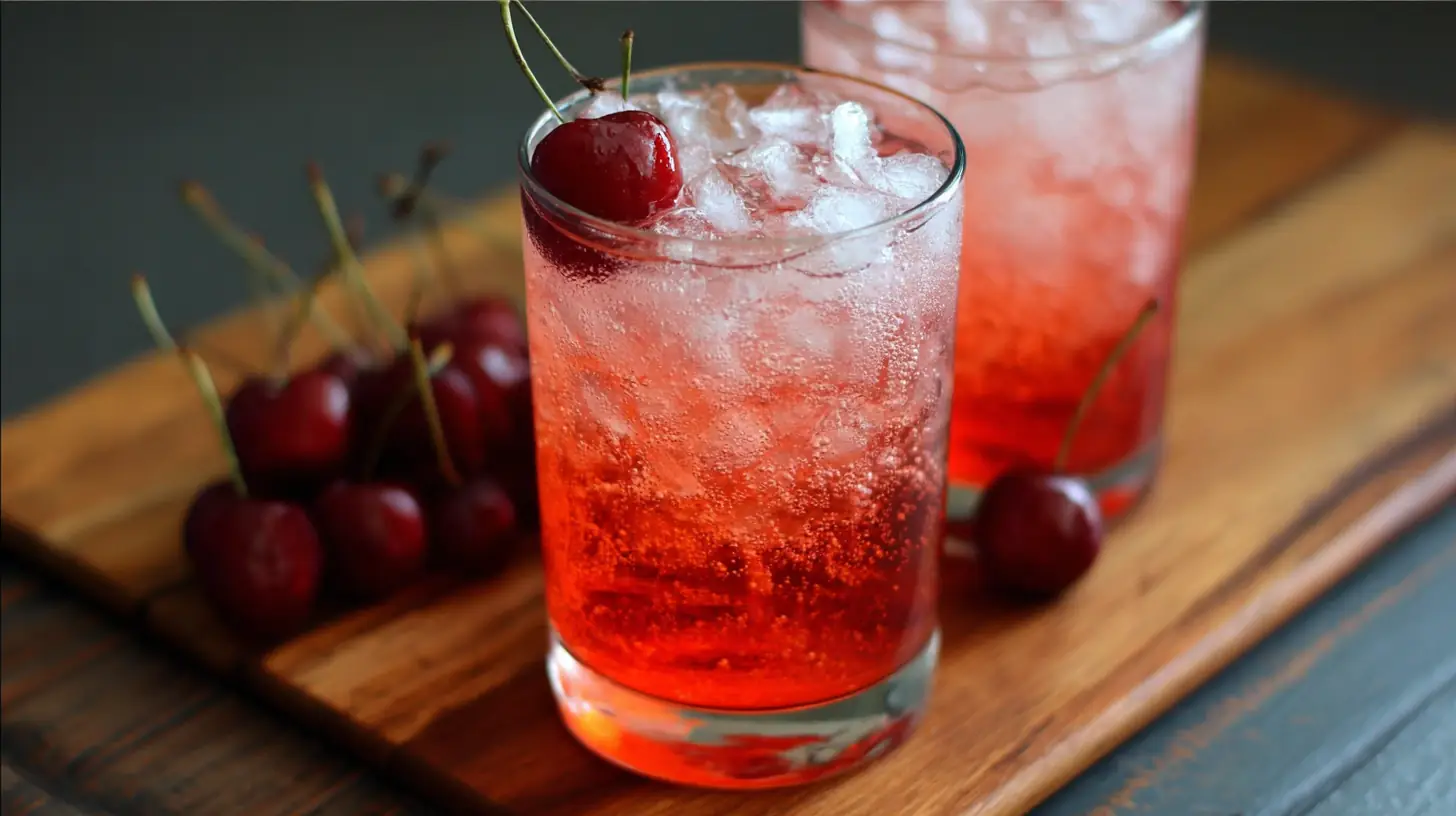 How to Make a Dirty Shirley Cocktail at Home 1 Dirty Shirley cocktail in a glass with ice and cherry – perfect 3 ingredient student drink