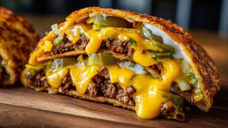 Smash Burger Tacos: The Ultimate Cheap & Easy College Meal 7 Double smash burger taco with melted cheese, pickles, beef, and crispy tortilla, sliced open on a wooden board
