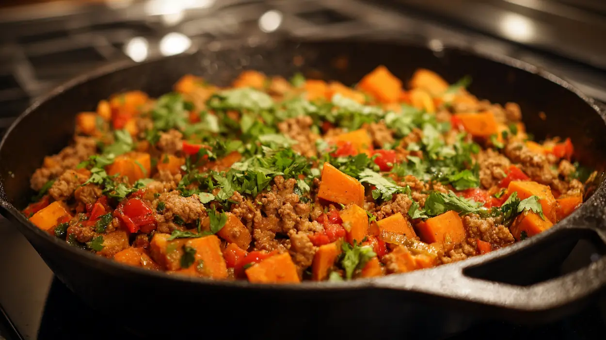 Close-up of a ground turkey sweet potato skillet with red bell peppers and fresh cilantro in a cast iron pan