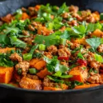Close-up of a ground turkey sweet potato skillet with red bell peppers and fresh cilantro in a cast iron pan