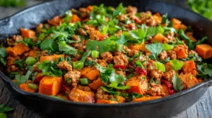 Close-up of a ground turkey sweet potato skillet with red bell peppers and fresh cilantro in a cast iron pan