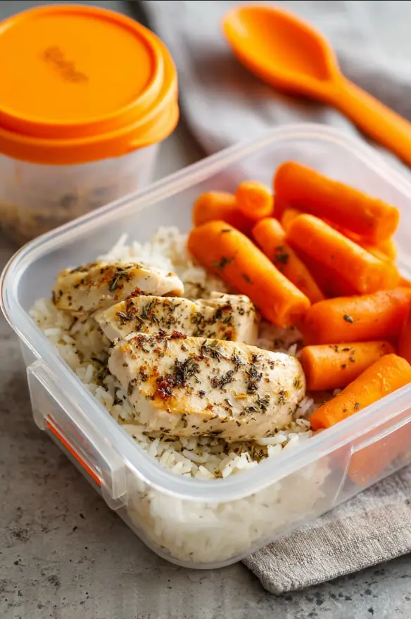 Macro view of a meal prep container with herb-grilled chicken, white rice, and orange carrots