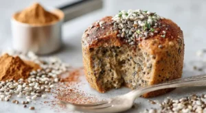 Bariatric seed mug cake sliced open with visible chia and flaxseeds
