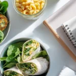 A vibrant flat-lay of spinach egg muffins and spinach cheese wraps served with macaroni, ideal for high-protein student lunches.