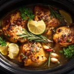 Slow-cooked honey mustard chicken thighs in a black crockpot, garnished with fresh rosemary, parsley, garlic cloves, lemon slices, and chili peppers.