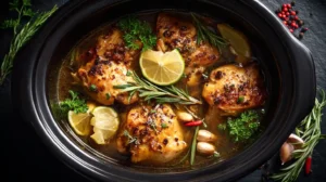 Slow-cooked honey mustard chicken thighs in a black crockpot, garnished with fresh rosemary, parsley, garlic cloves, lemon slices, and chili peppers.