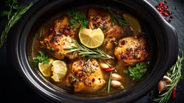 Honey Mustard Chicken in a Slow Cooker – Budget Dinner Delight 8 Slow-cooked honey mustard chicken thighs in a black crockpot, garnished with fresh rosemary, parsley, garlic cloves, lemon slices, and chili peppers.