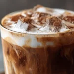 Iced mocha with cold foam served in a clear glass on a student desk, next to a notebook and laptop