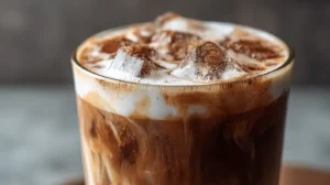 Iced mocha with cold foam served in a clear glass on a student desk, next to a notebook and laptop