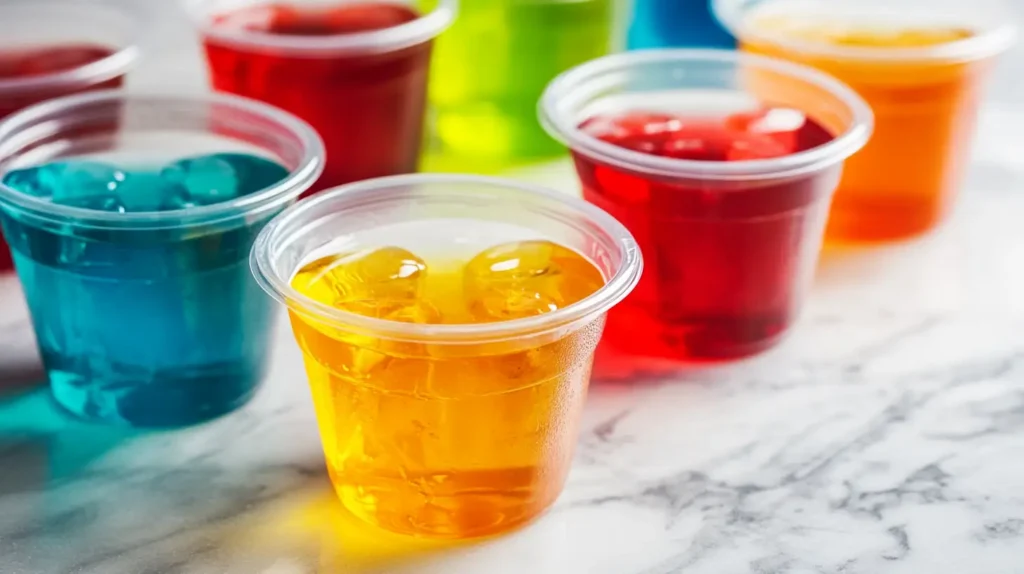 Jello Shot Recipe: Easy, Cheap and Perfect for Students π 1 Colorful vodka jello shots in plastic cups β easy jello shot recipe for students