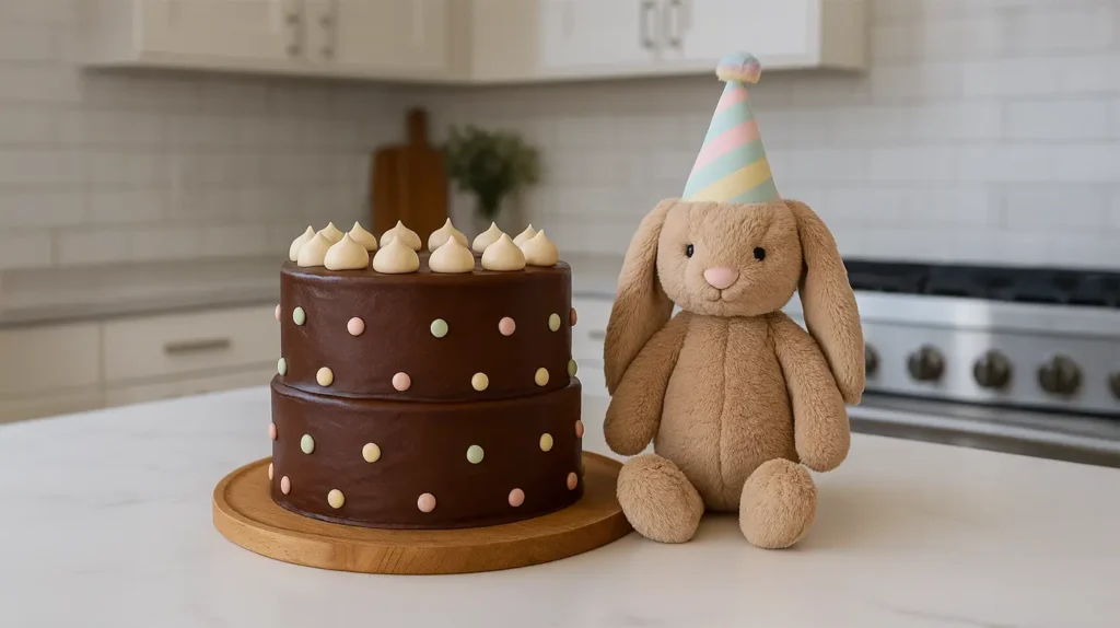 Jellycat Chocolate Birthday Cake: The Ultimate Cute & Tasty Surprise 6 Two-layer Jellycat chocolate birthday cake decorated with pastel candy dots, beside a plush birthday bunny wearing a striped party hat in a bright kitchen.