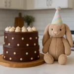 Two-layer Jellycat chocolate birthday cake decorated with pastel candy dots, beside a plush birthday bunny wearing a striped party hat in a bright kitchen.
