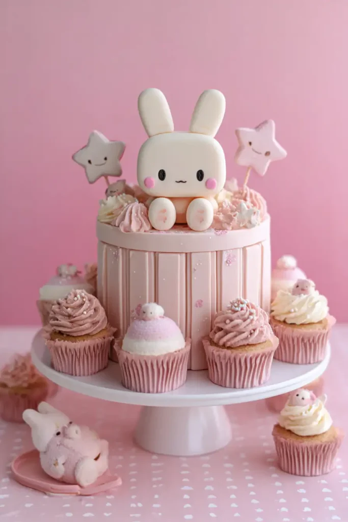 Labubu Cake: How to Make These Viral Edible Figures Without Baking 2 Cute Labubu birthday cake styled like a blind box toy: white cake with pink buttercream, hidden toy inside, surrounded by mini cupcakes, star sprinkles, and bunny ears. Dreamy pastel palette, perfect for Pinterest.