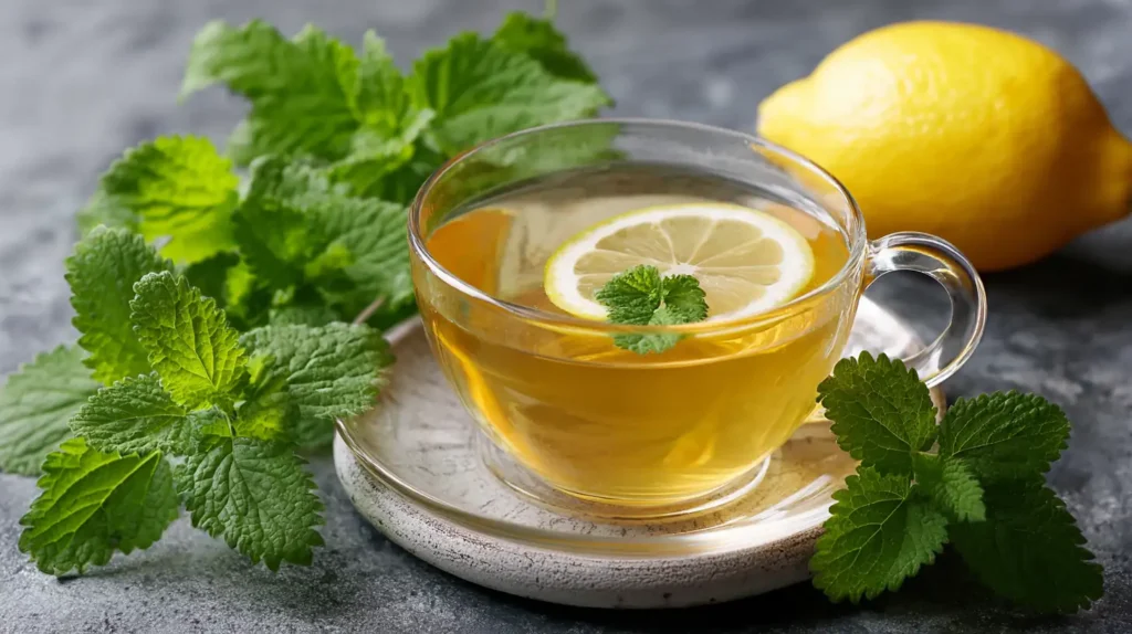 Lemon Balm Tea Recipe: How to Make, Benefits & Best Variations 1 Fresh lemon balm tea with lemon slice – healthy herbal drink for focus and calm