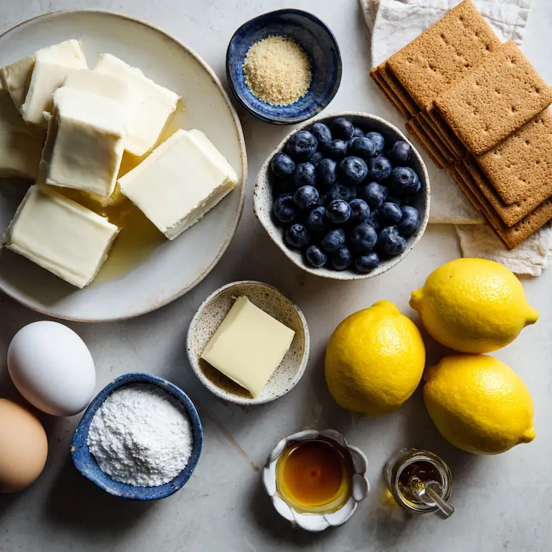 Ingredients for lemon blueberry cheesecake including cream cheese, blueberries, lemon, eggs, and graham crackers