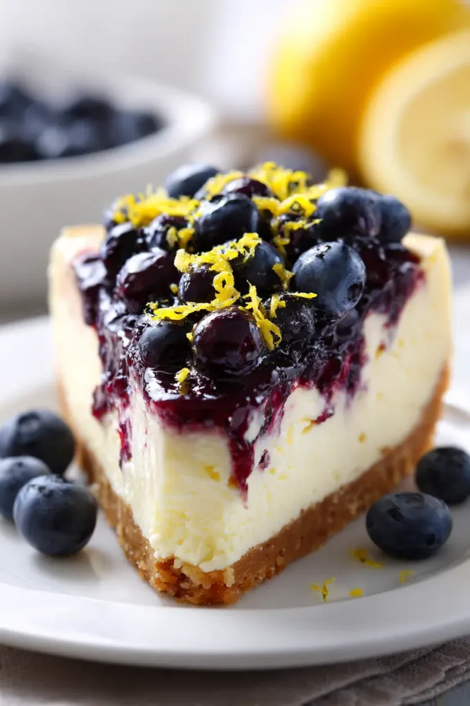 Lemon blueberry cheesecake with fresh fruit topping