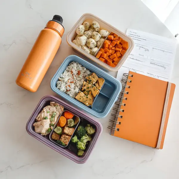 Healthy meal prep containers with vegetables, chicken, rice, and a water bottle on a white table next to a planner