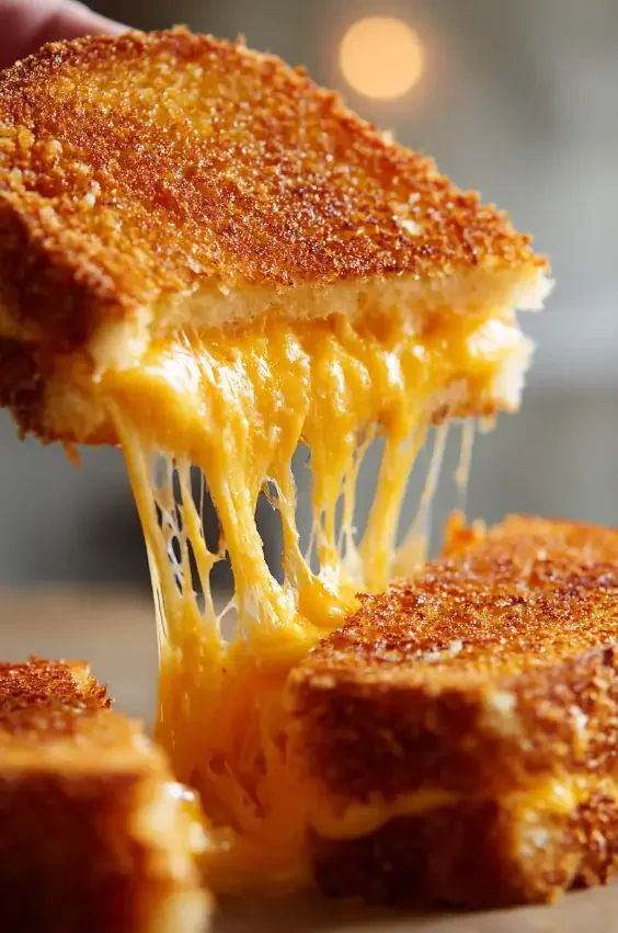 Close-up of a grilled cheese sandwich with gooey melted cheddar and golden crispy bread