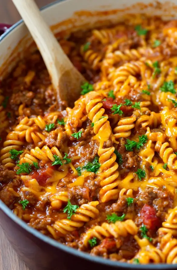 One Pot Chili Pasta with Cheddar Swirl recipe
