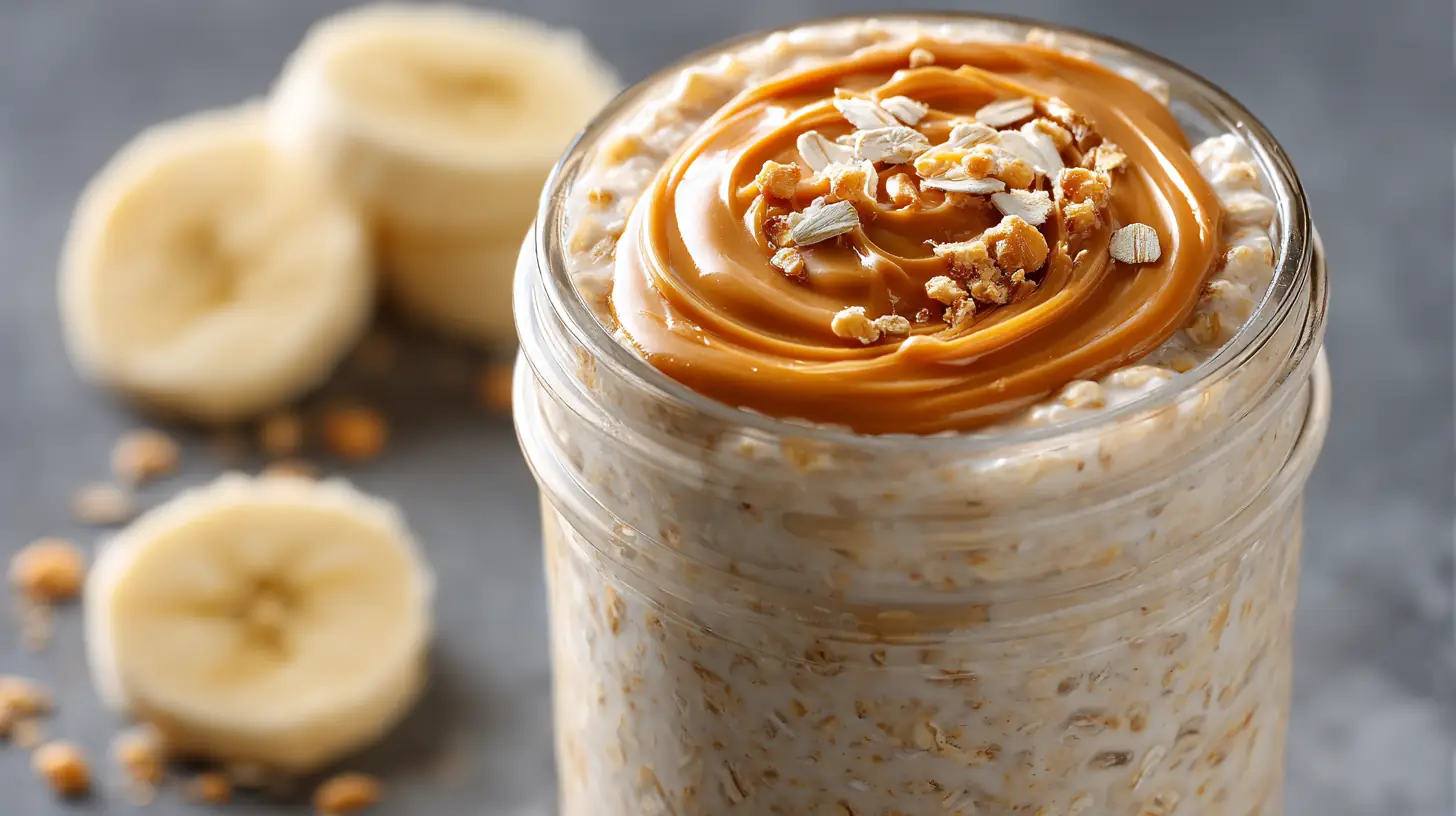 Overnight oats recipe with peanut butter and banana in a glass jar
